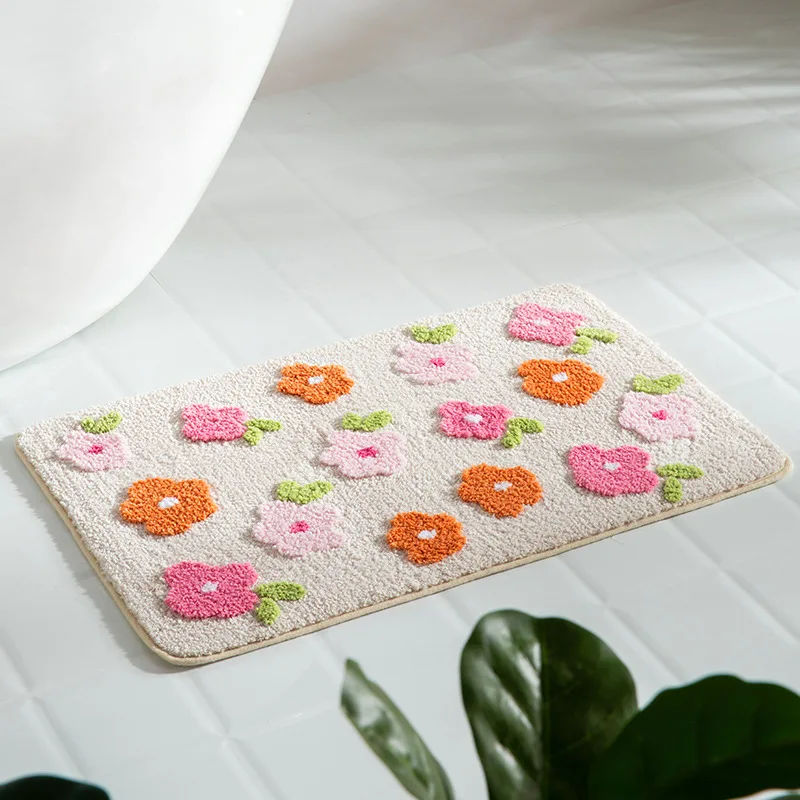 

New Small Flower Carpet Flocking Bath Mat Non-Slip Absorbent Bathroom Rug Home Entrance Door Mat Super Soft Bath Carpet