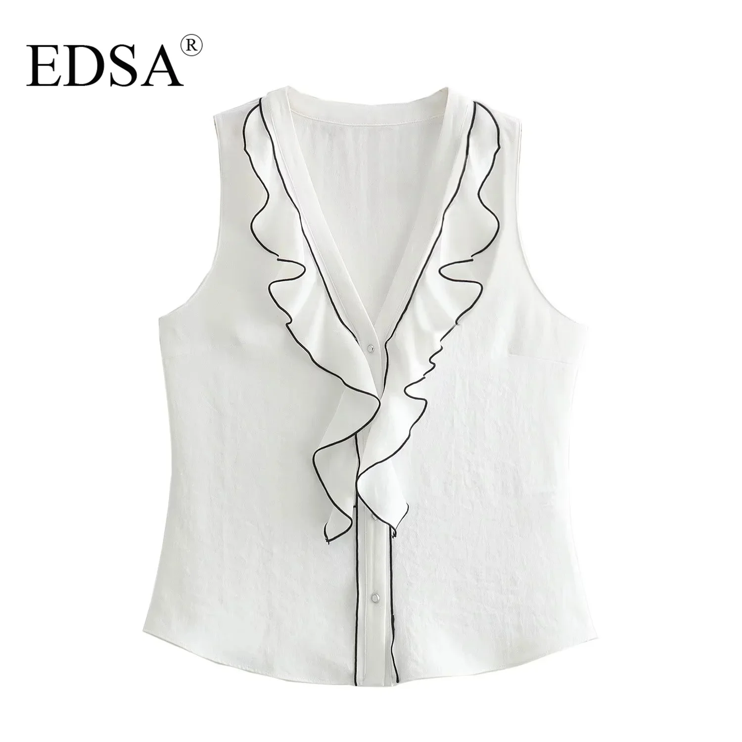 

EDSA Women Ruffled Top with Contrast Trims 2024 Summer Sleeveless V-Neck Casual Shirt for Female Streetwear Blouse