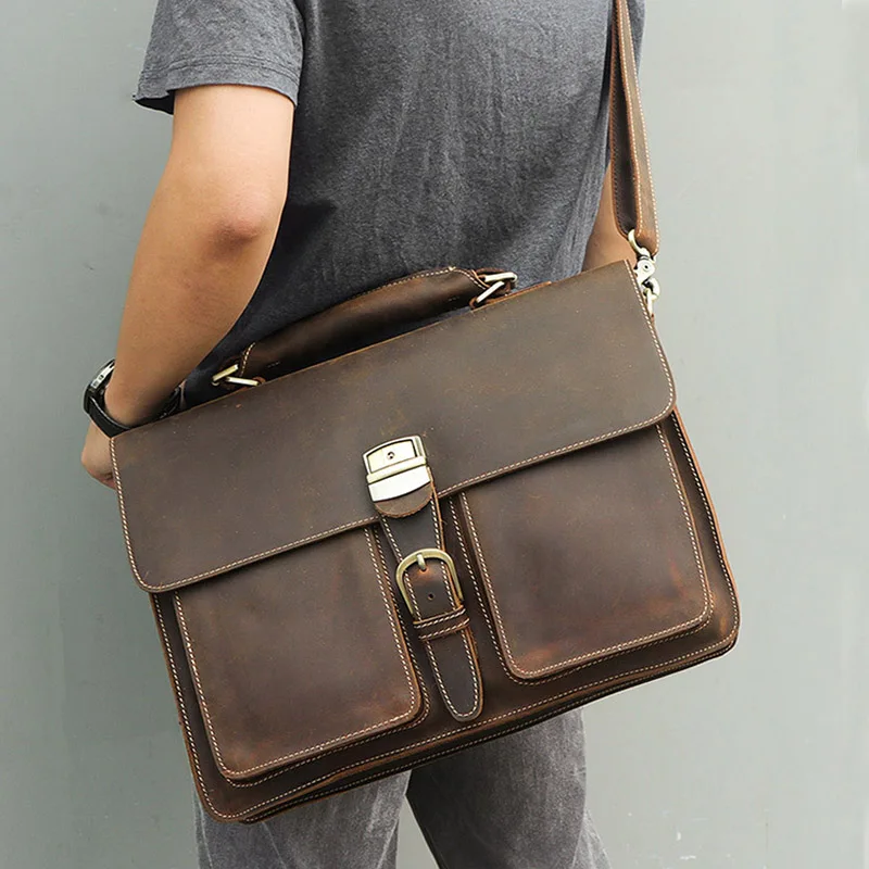 

Men's genuine leather briefcase 15 inch laptop handbag Real leather PC shoulder bag Cow leather business bag Large messenger