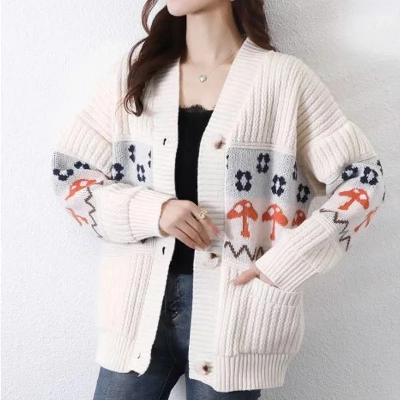 

Winter Casual Joker Sweater Women Lazy Casual V-neck Crochet Flowers Loose Cardigan Sweater Top Ladies Leisure Outside Knitwear