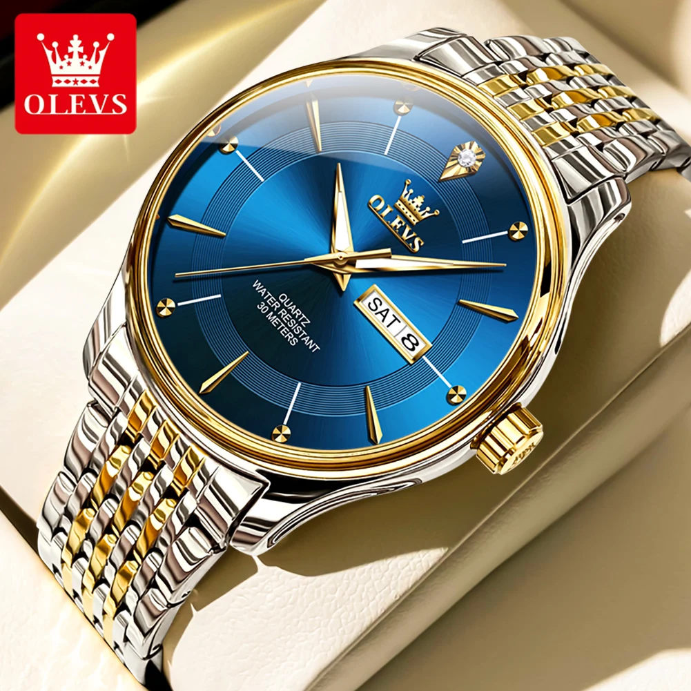

OLEVS New Men's Watches Original Luxury Waterproof Dual Calendar Luminous Quartz Watch Stainless Steel Strap Male Wristwatch