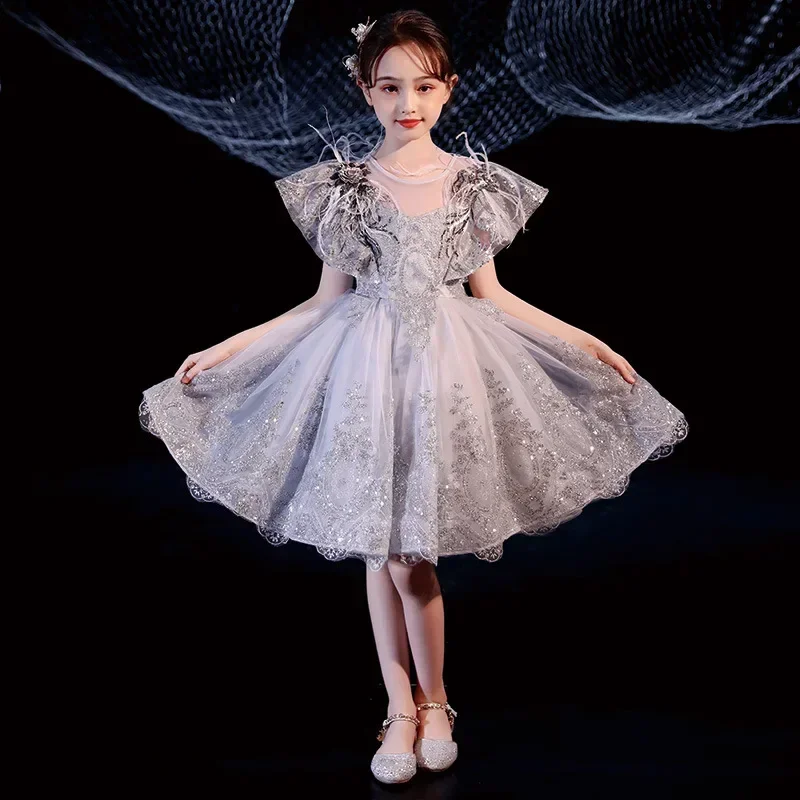 

2024 Spring Fashionable Fluffy Yarn Flower Host Little Girl Walk Show Piano Performance Dress