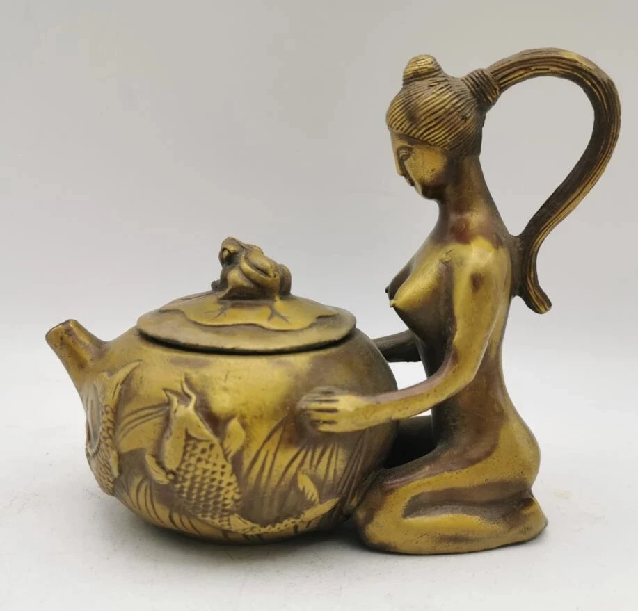 

China brass archaize beauty teapot crafts statue
