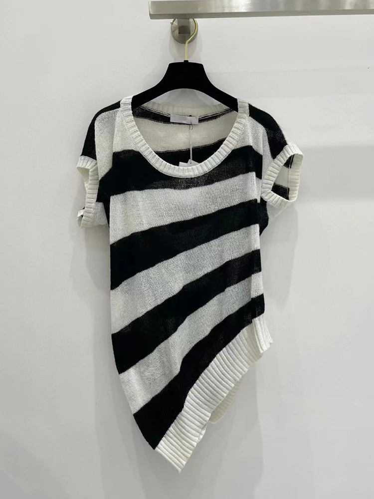 

Designer retro stripes irregular seahorse cashmere short sleeve sweater 2024 summer women's new fashion all-match pullover