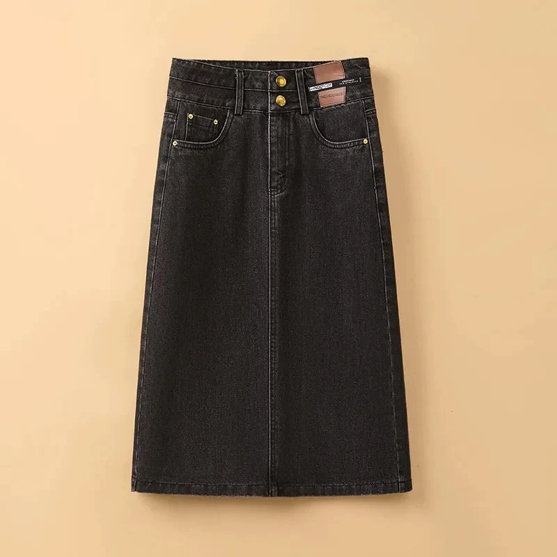 

Plus size denim Women's skirts Mid-length high-waisted Solid color retro slit casual Summer new A-line skirt faldas para mujeres