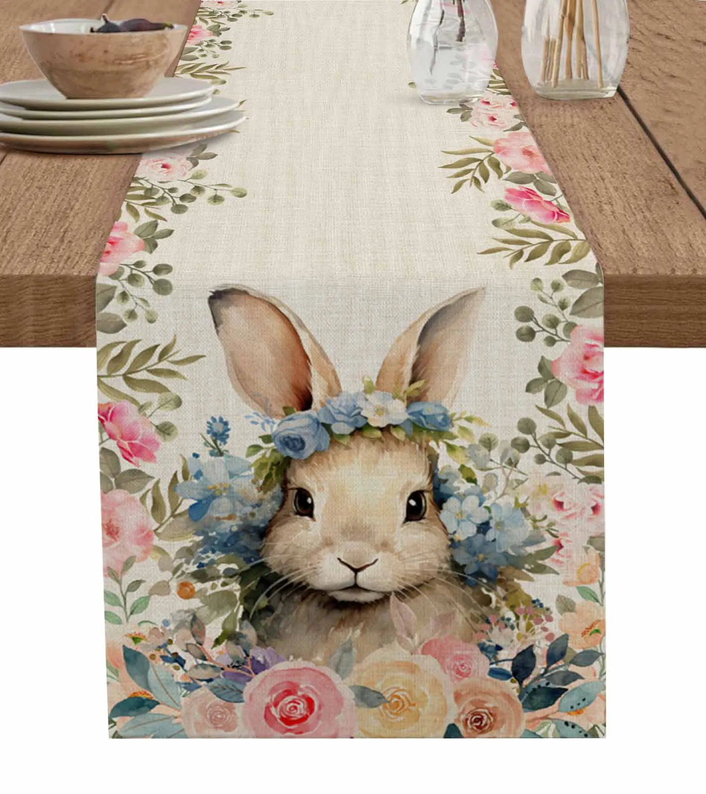 

Easter Rabbit Watercolor Flower Table Runner Party Dining Table Cover Cloth Placemat Napkin Home Kitchen Decor