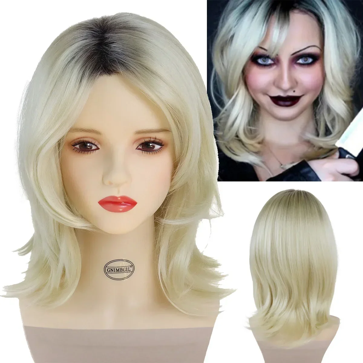 

GNIMEGIL Synthetic Halloween Bride of Chucky Blonde Omber Wig Long Wave Wigs for Women Middle Parting Jennifer Tilly Cosplay Wig