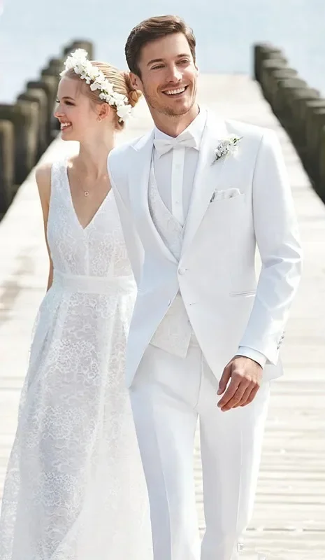 

Custom High Quality Ivory Formal Wedding Men Suits Beach Fashion Elegant Prom Blazer Slim Fit 3 Piece Groom Tuxedo Costume Homme