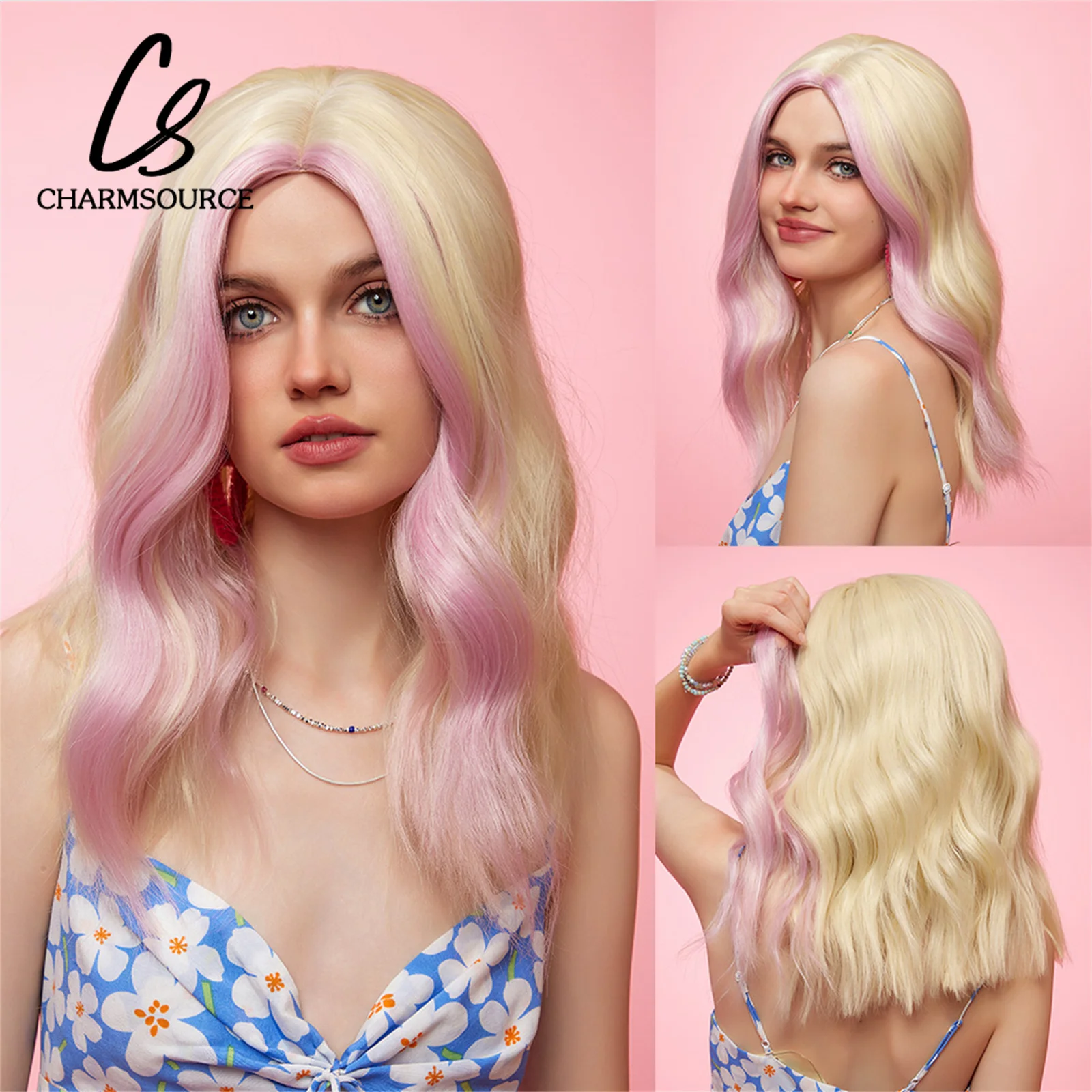 

Emmor Pink Short Wavy Cosplay Lolita Wigs with Bangs Layered Light Platinum Bob Synthetic Hair Wigs for Women Heat Resistant