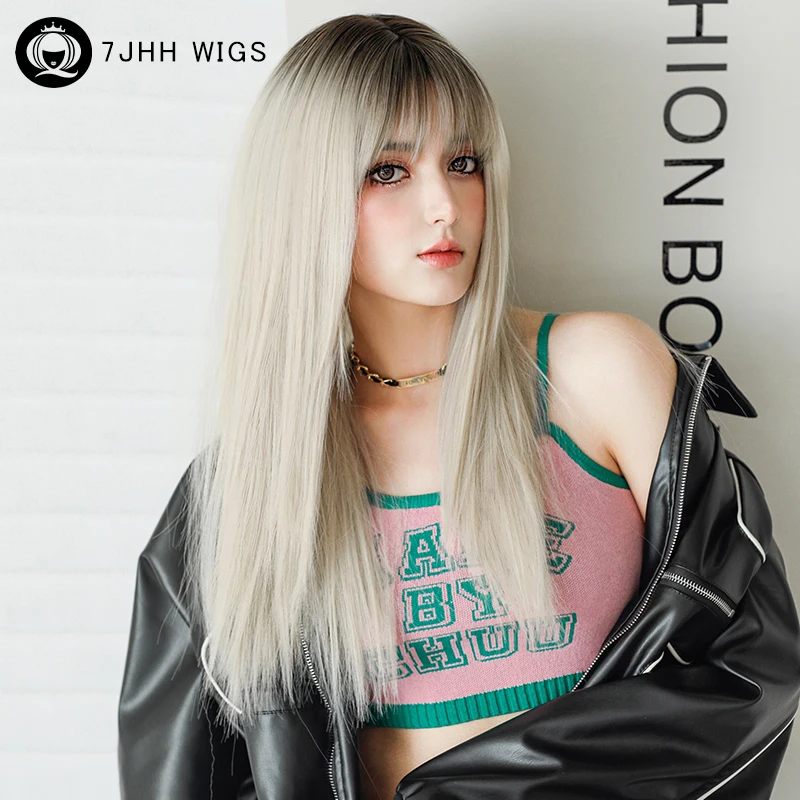 

7JHH WIGS Costume Wig Synthetic Long Straight Ombre Blonde Wigs with Dark Roots High Density Ash White Wig for Women Cosplay Wig