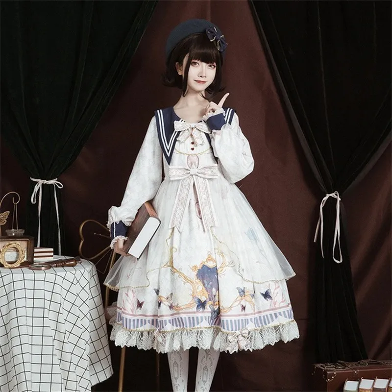 

Long Sleeve Fashion Lolita Op Fairy Sweet Girls Tea Party Kawaii Dresses Vintage Military Lolita Medieval Gothic Dress