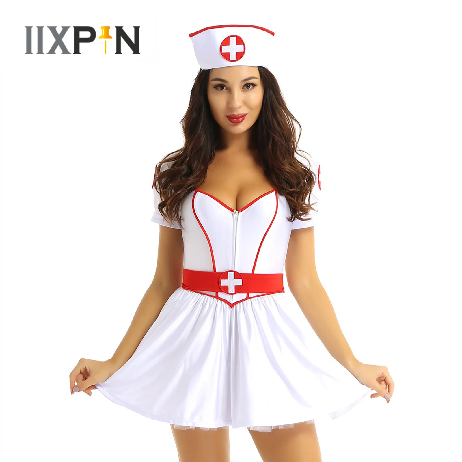 

Women Sexy Lingerie Adults Cosplay Nurse Dress Halloween Party Costume Sweetheart Short Sleeves Tutu Dress+Headband+Belt Outfit