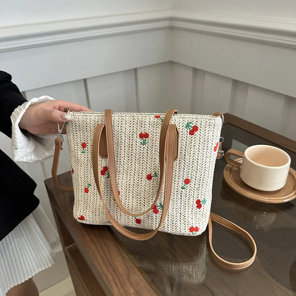 Cherry Straw Woven Tote - Multi-Way Raffia Summer Shopper Bag 3 S72b521b5528a43d48f1c83a2f8350a15Z