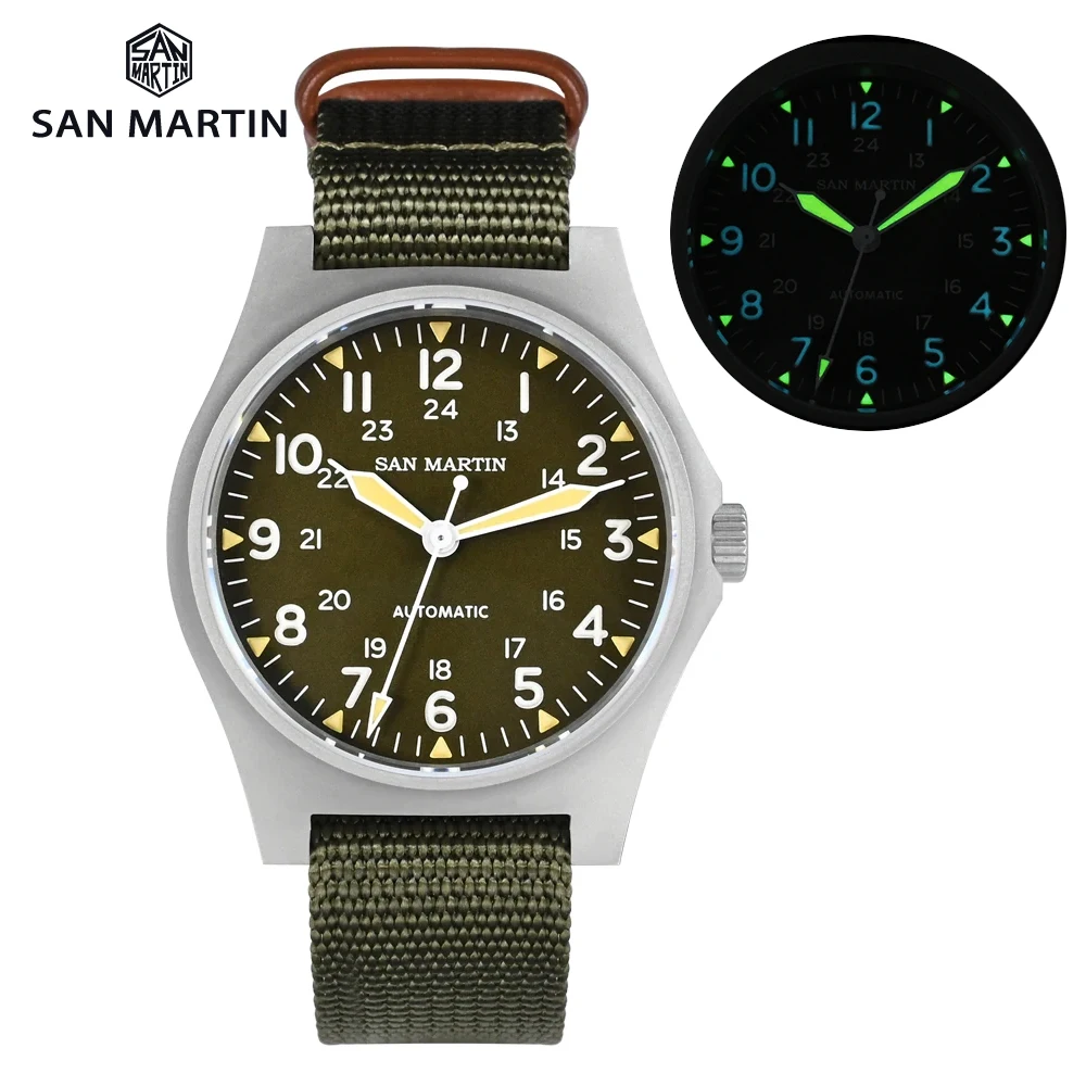 

San Martin 38mm Pilot Watch Retro Military NH35 Automatic Mechanical Watches Luminous Waterproof Bead Blasted Case Wristwatch