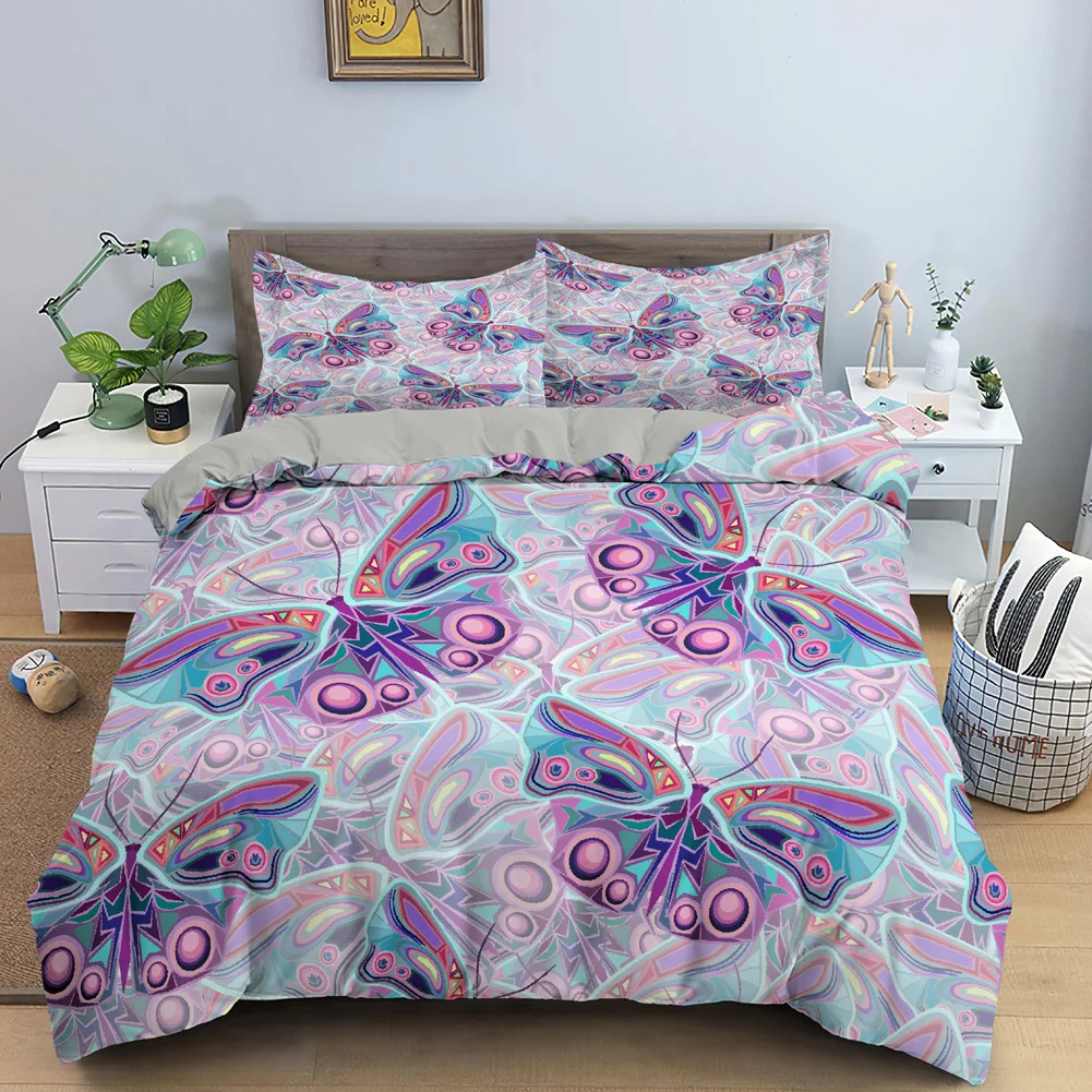

Комплект постельного белья с пурпурной бабочкой, пододеяльник с 1/2 подушками, чехол с 3D принтом, одеяло, односпальный, двуспальный, Королевский размер, постельное белье с застежкой-молнией
