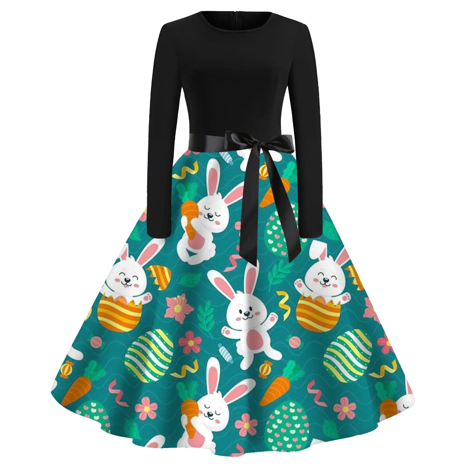 

Women's Easter Print Long Sleeve Belted Maxi Dress Casual Flowy Holiday Dress With Tie Waist Maxi Pencil Dress
