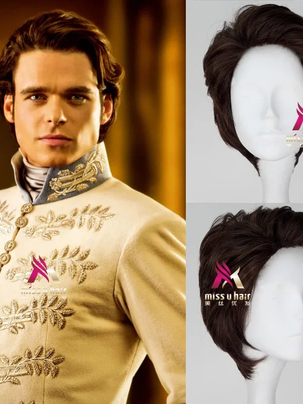 

new Movie Prince Charming Kit Cosplay Wig Cinderella Short Brown Men's Synthetic Hair for Adult free shipping +wig cap