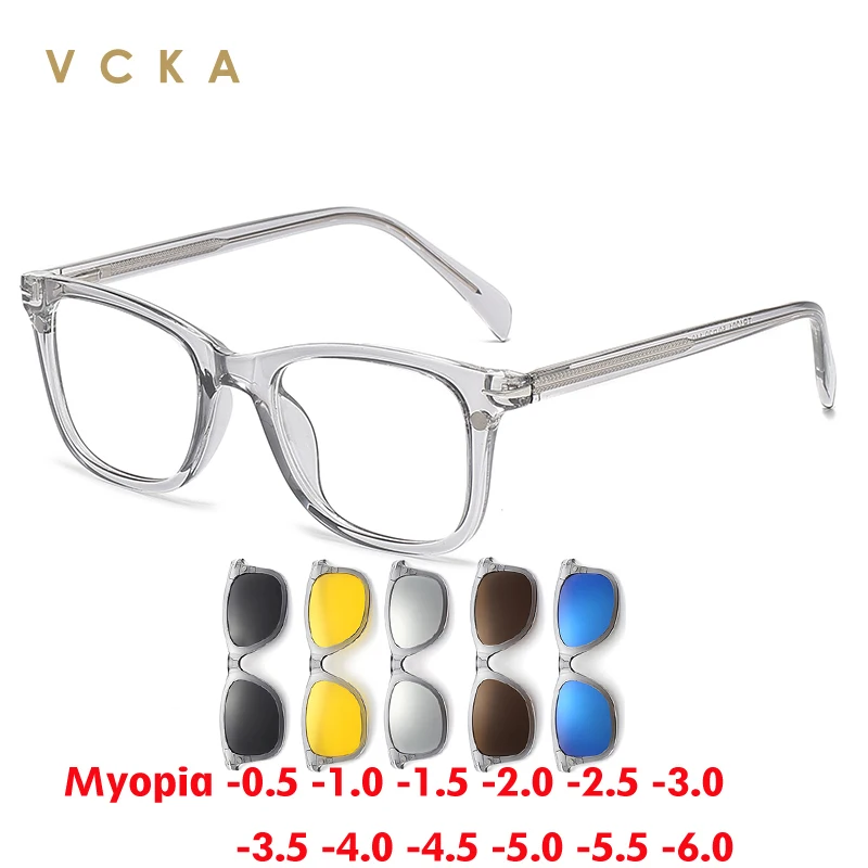 

Солнцезащитные очки VCKA 6 в 1 для мужчин и женщин, поляризационные темные очки с магнитной застежкой, в прозрачной серой оправе, от-0,5 до-6,0, по рецепту
