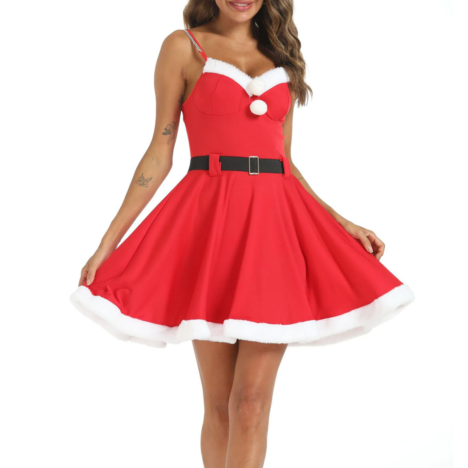 

Женское рождественское сексуальное платье-комбинация, блестящее женское платье с двойными бретельками, V-образным вырезом и открытой спиной, белое плюшевое платье-трапеция, рождественские костюмы Санта-Клауса
