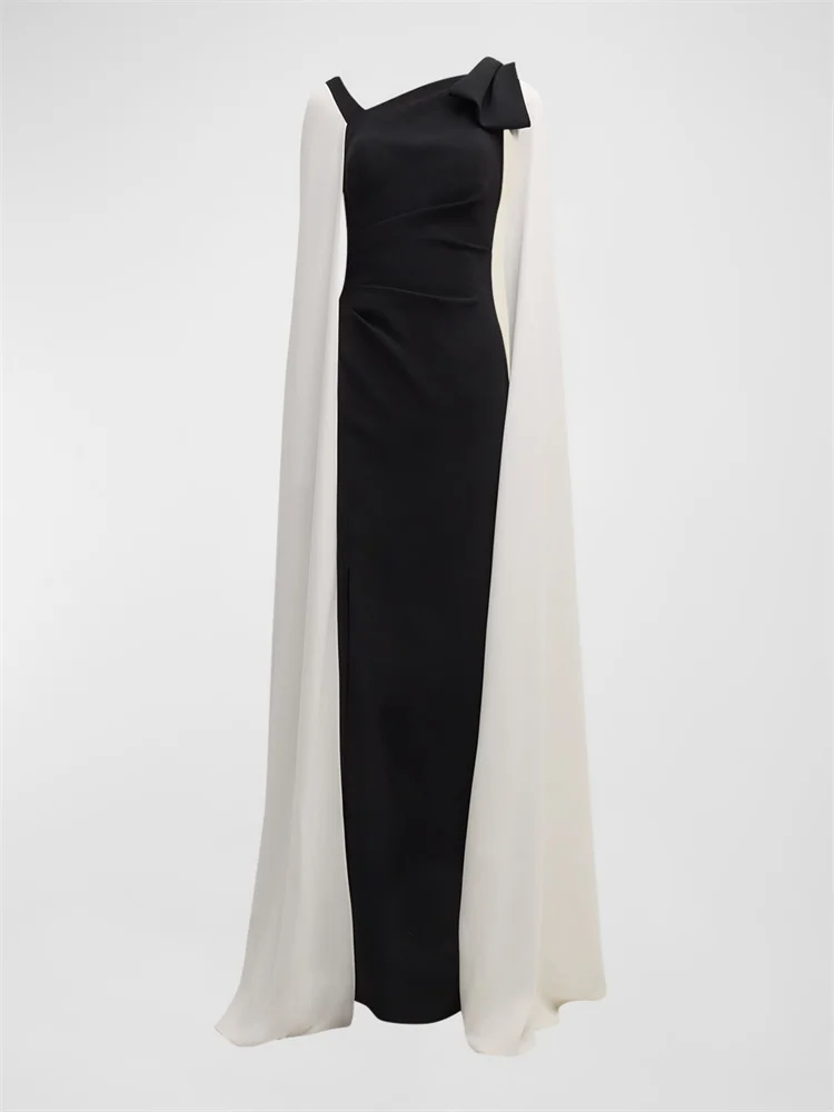

Hot Selling Two-Tone Cape Sleeves Crepe Asymmetric Neck Straight Prom Dress Elegant Back Zipper Side Slit Hem Sweep Train Gowns