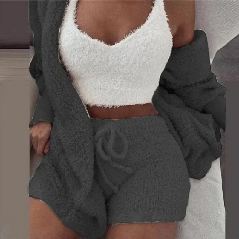 

Shorts And Casual Hoodie Tank Top 3 Fluffy Pajamas Size Winter Pijamas Pieces Women Plus Set Sleepwear Leisure for Homsuit