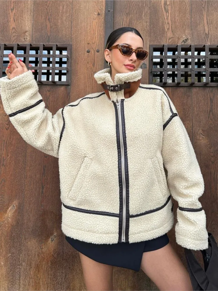 

Women Splice Lamb Wool Warm Coat Casual Long Sleeve Lapel With Pocket Zipper Jacket 2023 Fashion Autumn New High Street Outwear