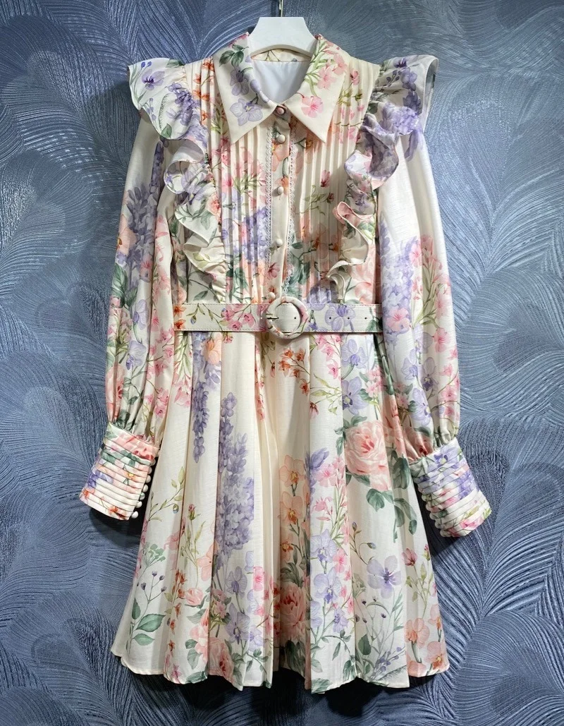 

Top Quality New 2024 Spring Dress Women Turn-down Collar Colorful Floral Print Belt Deco Long Sleeve Party Swing Dress Gorgeous