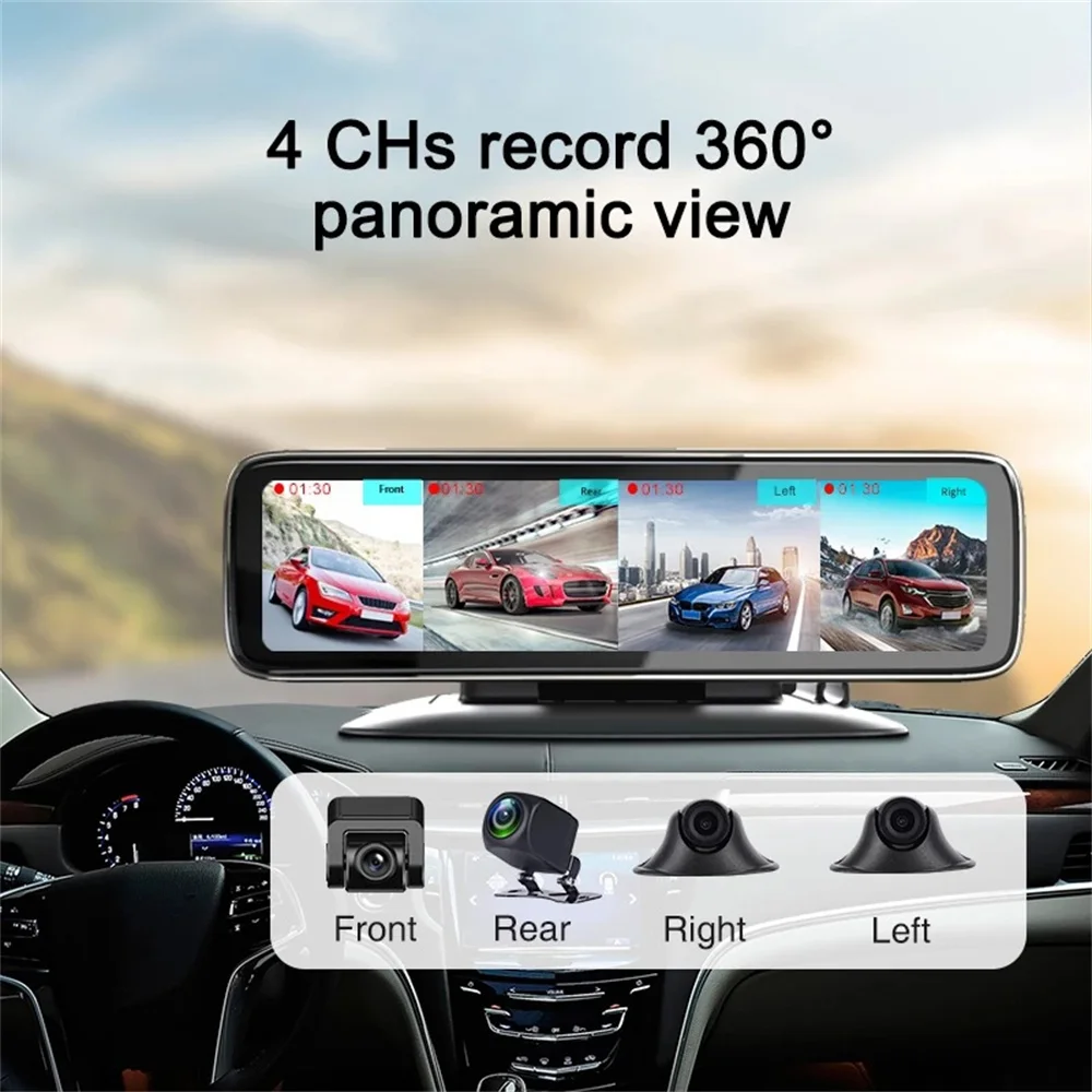

Панорамный видеорегистратор 360 °, 12 дюймов, 4-канальный видеорегистратор FHD 1080P IPS с сенсорным экраном