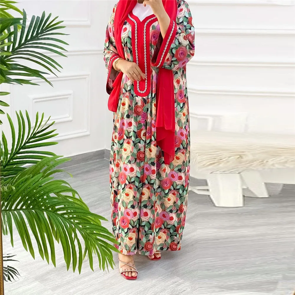 

Diamonds Floral Print Maxi Dress Women Muslim Scarf Moroccan Robe Africa Party Evening Gown Dubai Turkey Kaftan Ramadan Jalabiya