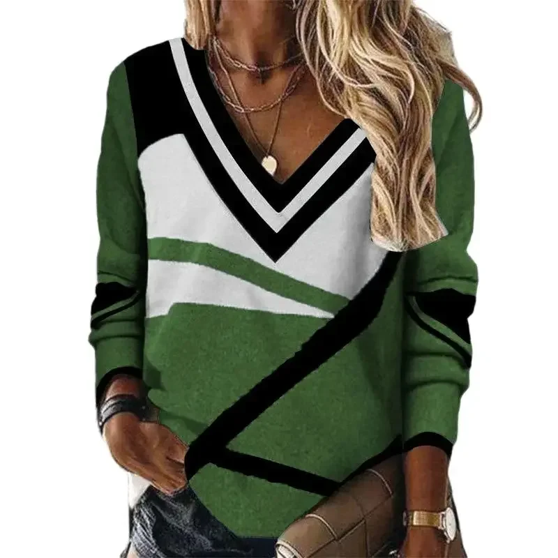 

Women Colour Blocking Geometry Print T-Shirt 2024 Spring Autumn Loose V Neck Long Sleeve Tops Female Office Commuter Casual Tees