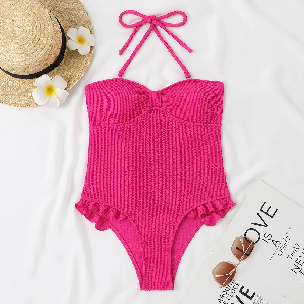 

2024 New Sexy Ruffle Ribbed One Piece Swimsuit Women Swimwear Female Bandeau Bow Bathing Suit Summer Beach Wear Monokini Bathers