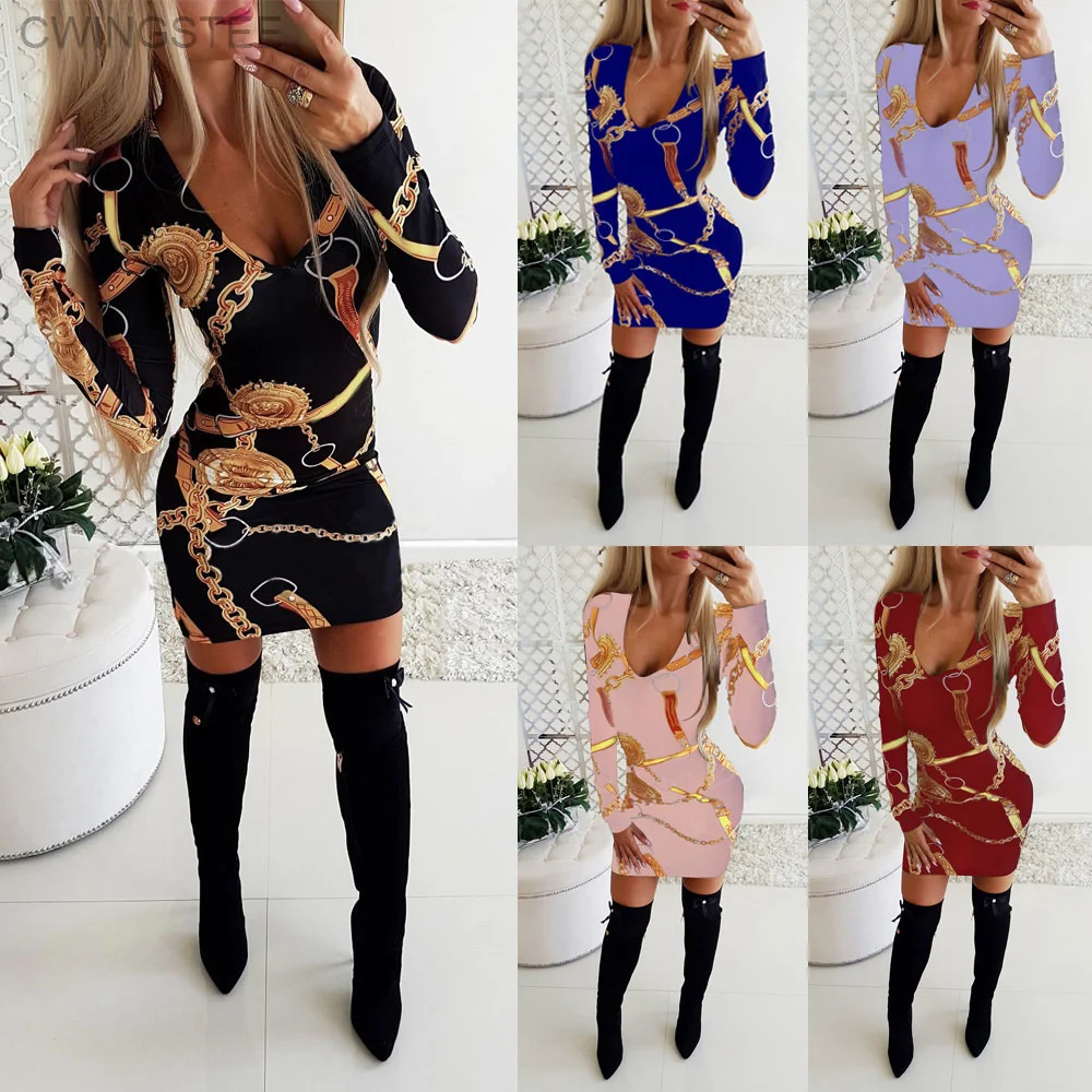 

Dresses for Women 2023 Vintage Plunge Long Sleeve Wedding Guest Baroque Chain Print Twist Detail Skinny Sexy Party Mini Dress