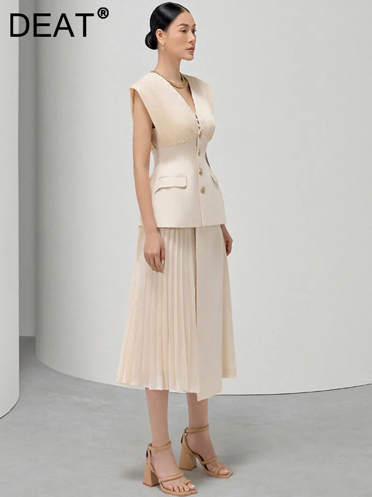 DEAT 2 Pcs Set V-neck Sleeveless High Waist Patchwork Pleated Solid Color Skirt Women's Suits 2024 Spring New Fashion 13DB2934
DEAT 2 Pcs Set V-neck Sleeveless High Waist Patchwork Pleated Solid Color Skirt Women's Suits 2024 Spring New Fashion 13DB2934