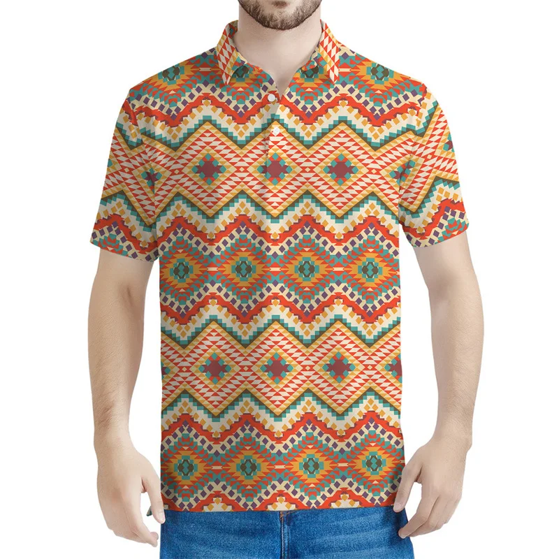 

Ancient 3D Printed Geometric Polo Shirts Men Retro Ethnic Patterns T-Shirts Button Short Sleeves Street Lapel Loose Tee Shirt