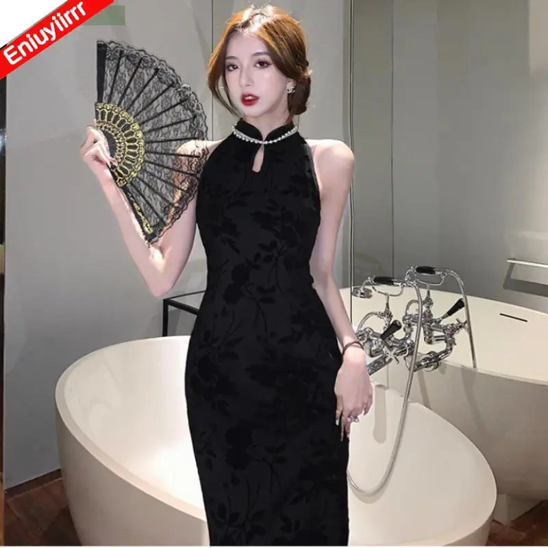 

French Design Elegant Long Black Dress New 2023 Woman Summer Sleeveless Bandage Bodycon Pencil Chi-Pao Cheongsam Vintage Dress