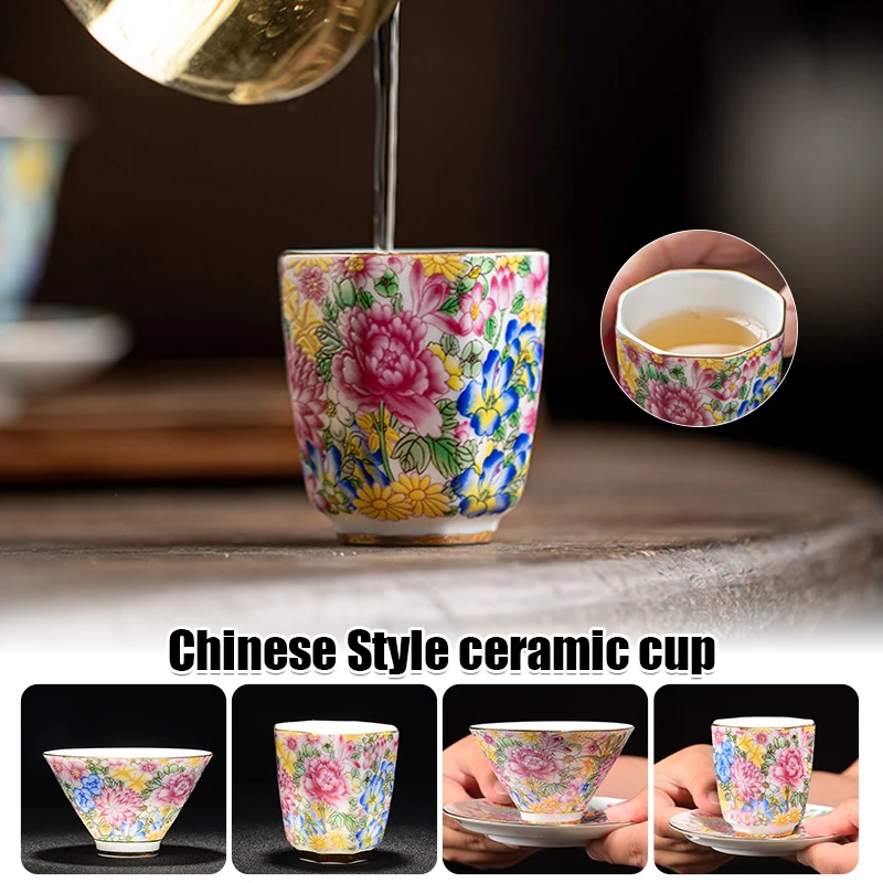 

Chinese Style Enamel Ceramic Tea Cup Set Hand Painted Teacup With Coaster Master Cup Kung Fu Teacup Home Decor Drinkware