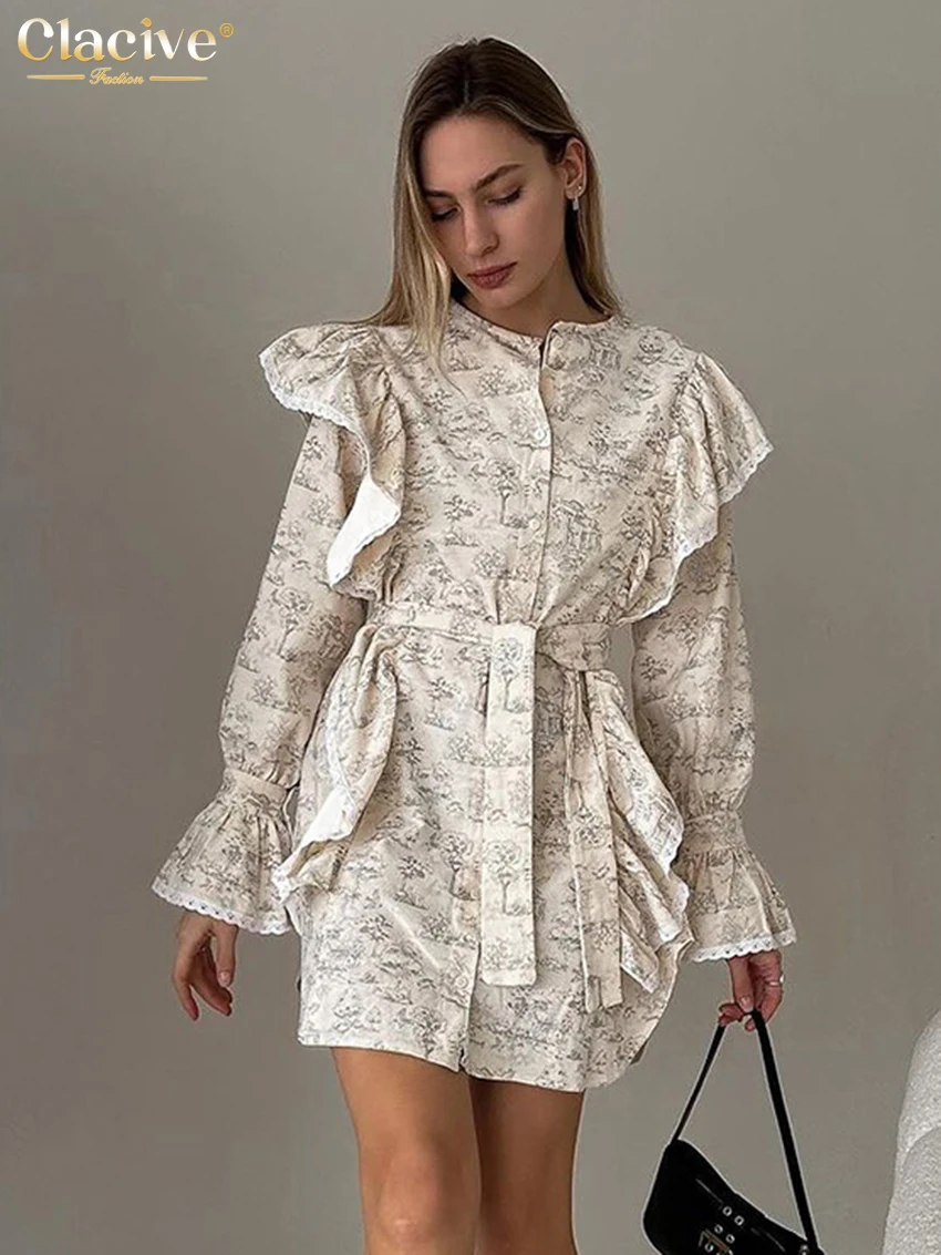 

Clacive Fashion Slim Print Women's Dress 2024 Casual O-Neck Long Sleeve Mini Dresses Elegant Classic Ruffle Lace-Up Female Dress