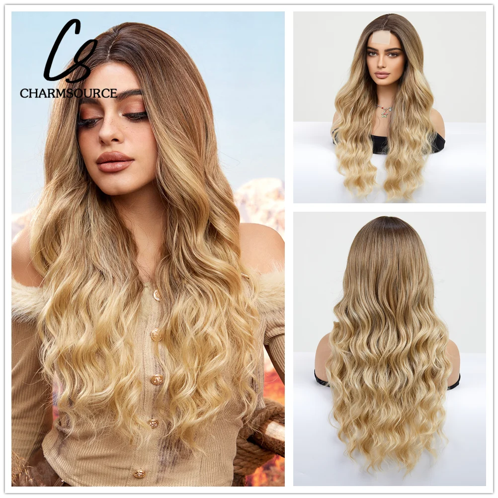 

CharmSource Hairline Lace Front Wigs Brown Ombre Blonde Synthetic Long Wavy Curly Wigs for Women Cosplay High Density Hair Wig