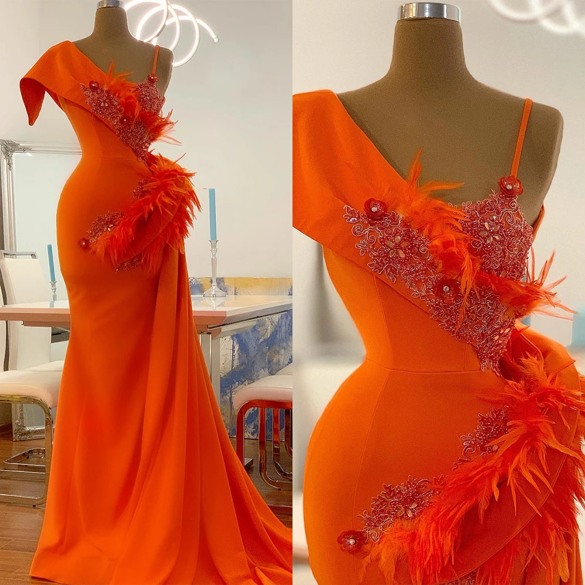 Fashion A Line Evening Dresses Feather One Shoulder Portrait Beaded Applique Gowns Sweep Train Formal Occasion Customized
Fashion A Line Evening Dresses Feather One Shoulder Portrait Beaded Applique Gowns Sweep Train Formal Occasion Customized