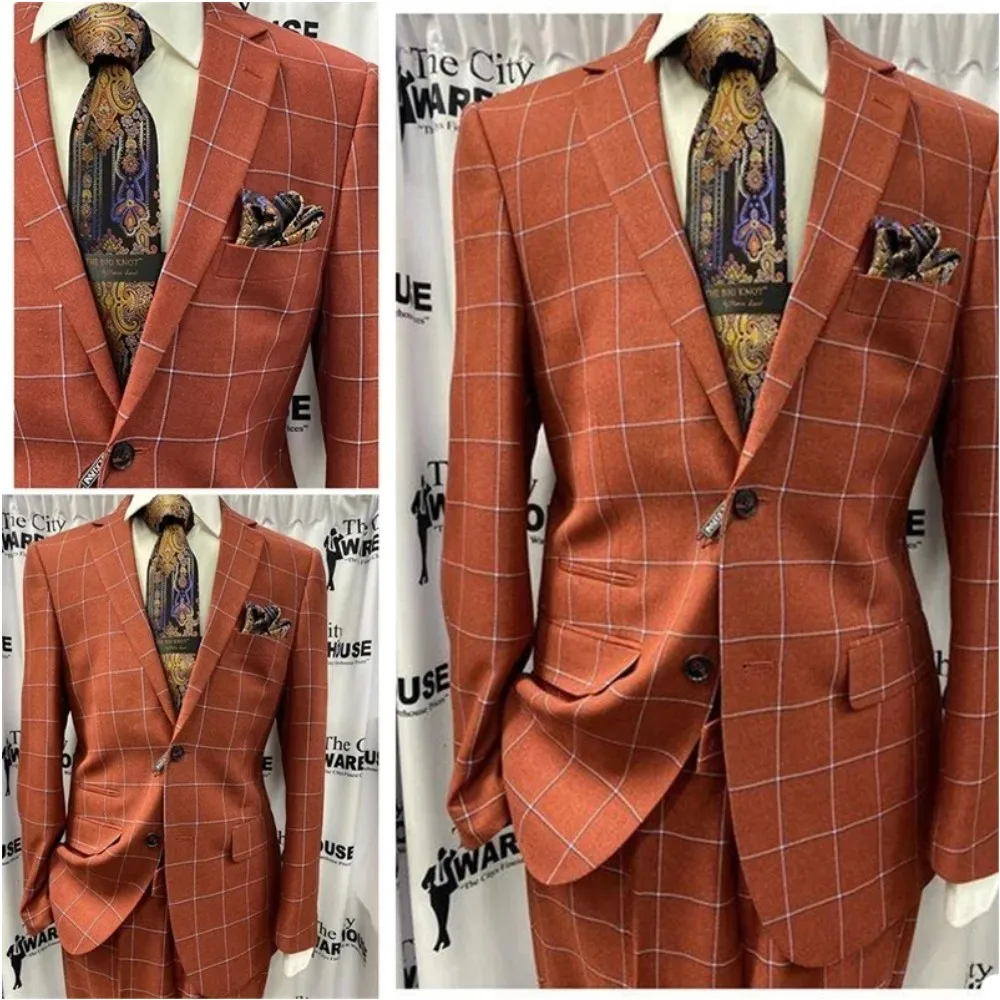 

British Orange Men's Plaid Suits 2 Pieces Two Buttons Notch Lapel Wedding Business Suit Tuxedos Groom Prom Tailored Jacket+Pant