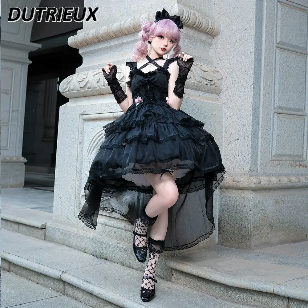 

Japanese Summer Sweet Cute Girl Lolita Dress Elegant Flounce JSK Flying Sleeves Solid Color Waist Trimming Short Dresses