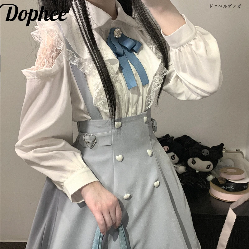 

Dophee Original Hollow Out Lace Off Shoulder Long Sleeve Women Blouses Elegant Lolita Cute Tops Peter Pan Collar Ruffles Shirts