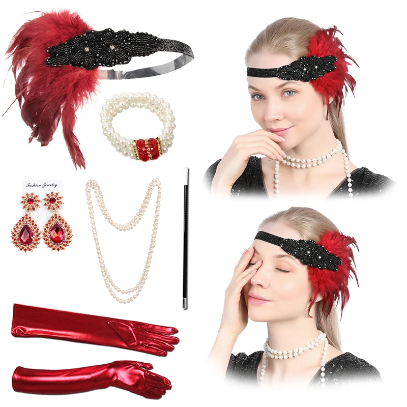 

1Set 1920's Flapper Cosplay Costume Feather Headband Pearl Necklace Earrings Long Glove Gatsby Masquerade Accessories