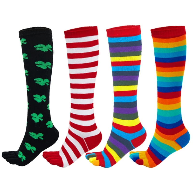 

Women Girls Split Toe 5 Finger Calf Socks Rainbow Colorful Striped Clover Printed Breathable Cotton Stretchy Student High Tube