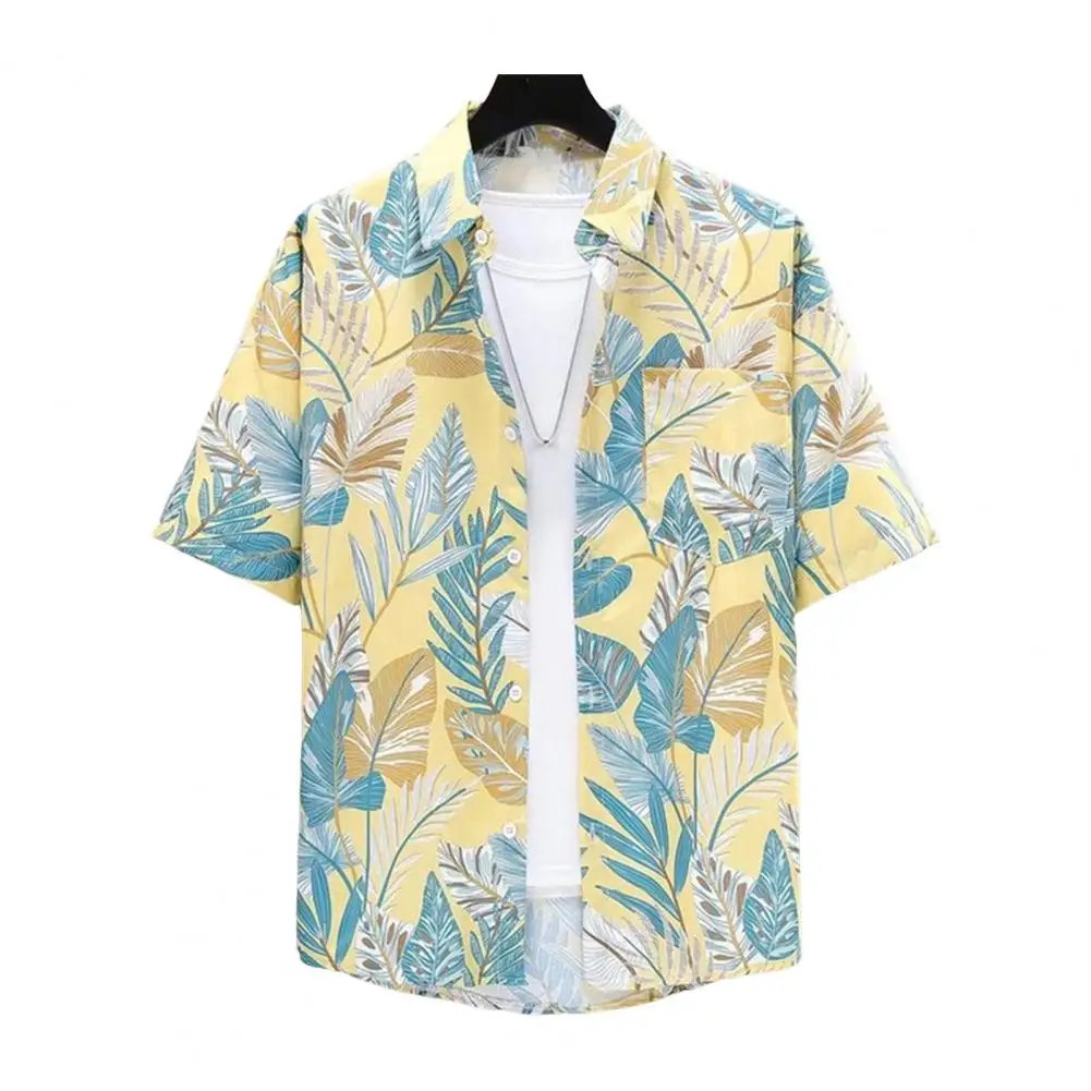 

Men Printed Shirt Tropical Style Men's Leaf Print Shirt With Quick Dry Technology For Vacation Beach Top Short Sleeves Loose Fit