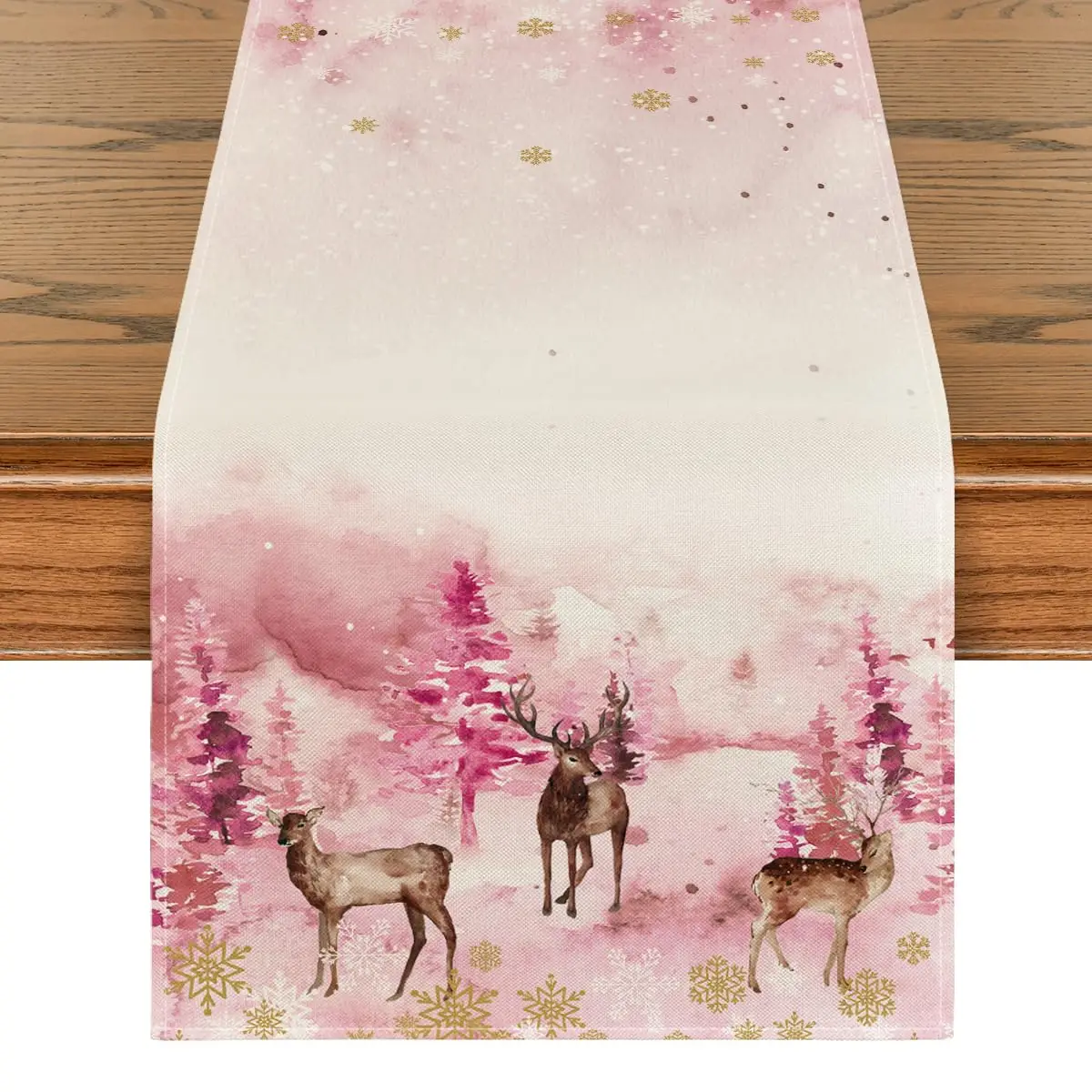 

Watercolor Christmas Table Runner, Deer Trees, Snowflakes, Xmas, Holiday, Kitchen, Dining Table Decoration, Home Party Decor