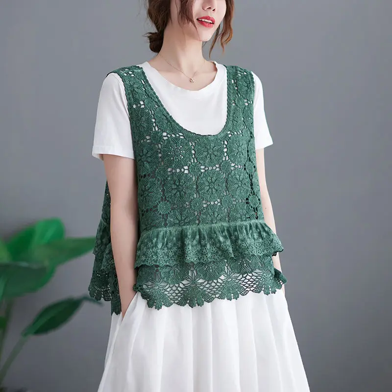 

2024 New Style Summer Women Hollow Out for Tank Top Knit Heart Lace Long Tassels Camisole Sleeveless Vest Beach Cover D264