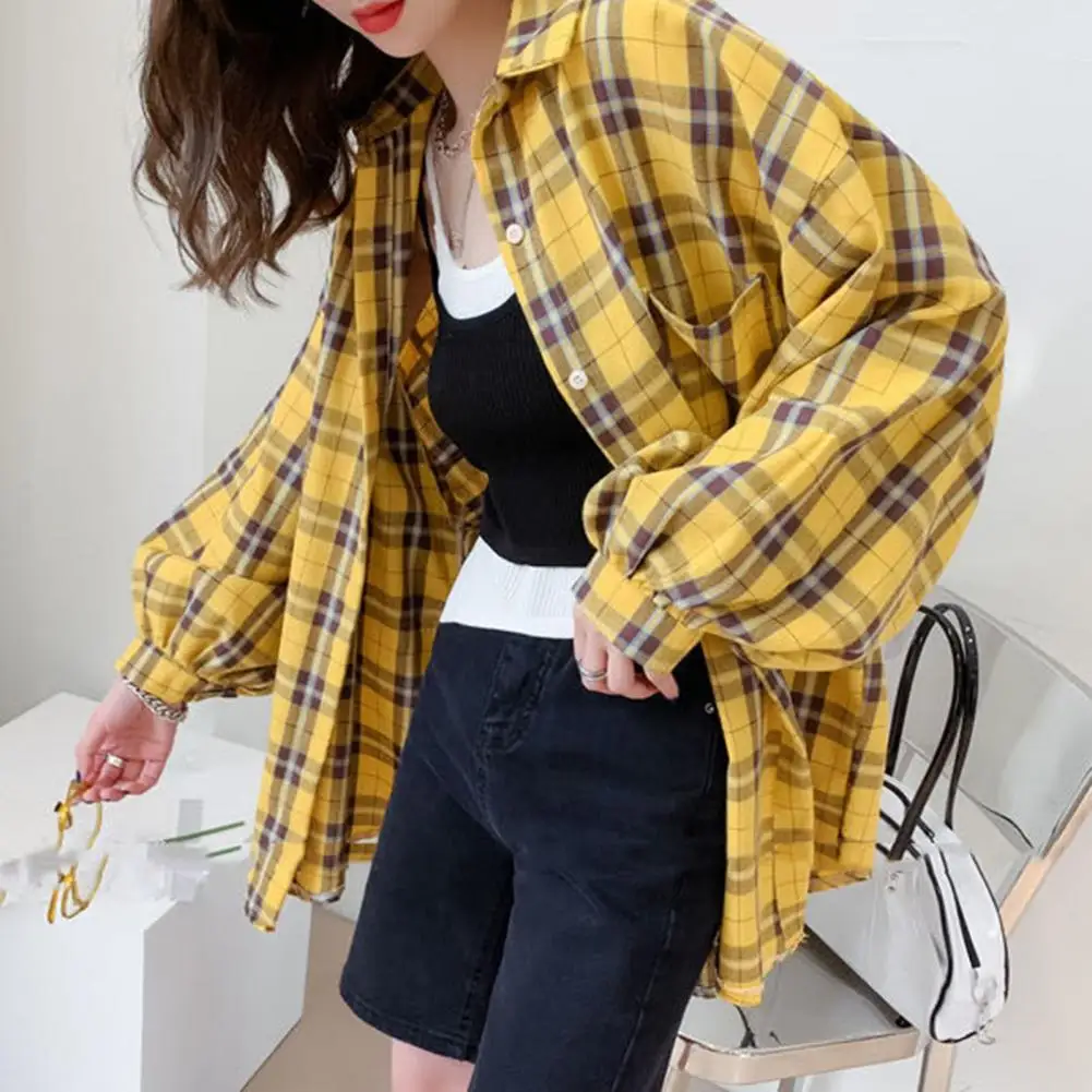 

Breathable Women Shirt Plaid Shirt for Women Stylish Turn-down Collar Loose Fit Autumn Top for Office School Date Rolled Up