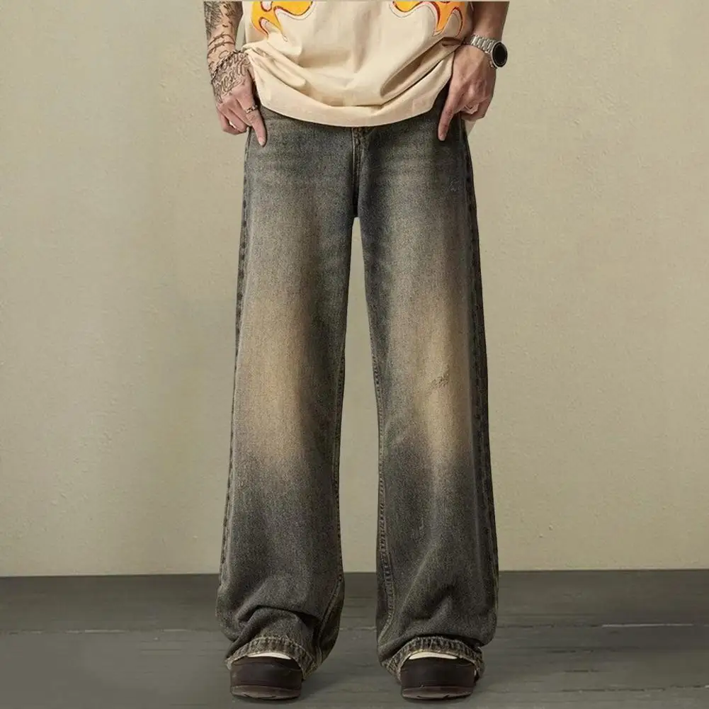 

Men Denim Trousers Retro Hip Hop Men's Jeans with Gradient Contrast Color Wide Leg Design Button Zipper Closure Stylish Denim