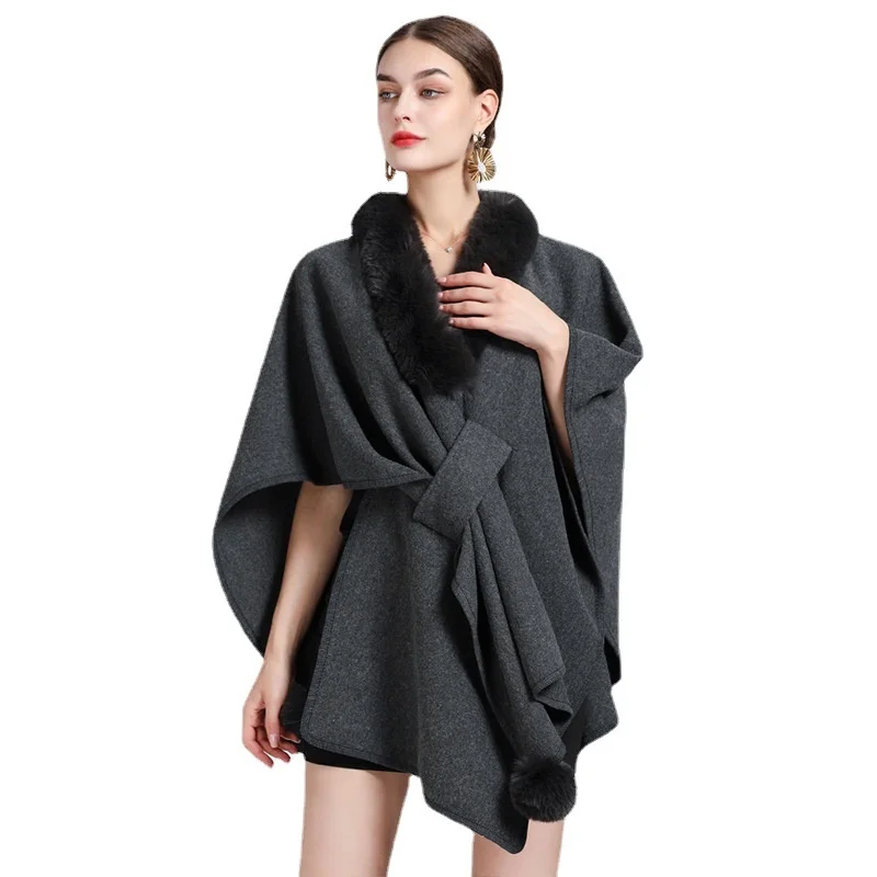 

2022 New Faux Rabbit Fur Collar Half Sleeve Poncho Women Loose Knit Cape Artificial Wool Cardigan Coat Female Solid Color Shawl